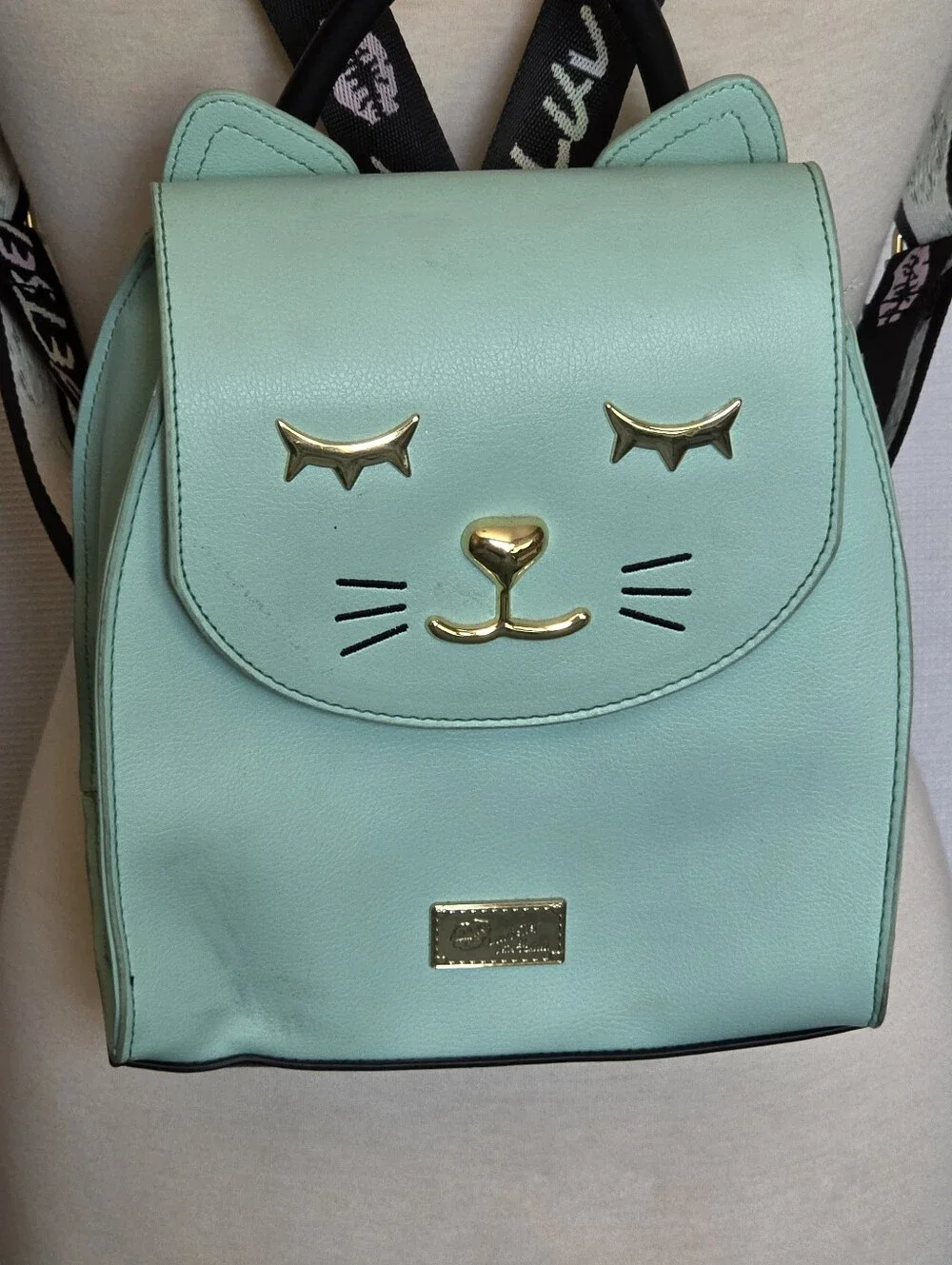 Betsey Johnson ~ Luv Betsey Small Cat Backpack/Purse Mint Gold Black Vegan Leath